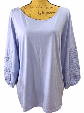 Talbots Plus Soft Light Blue Cotton Pullover Top. Embroidered sleeves EC Size 1X